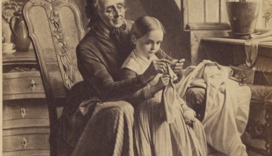19th century picture of woman helping a child with her sewing.