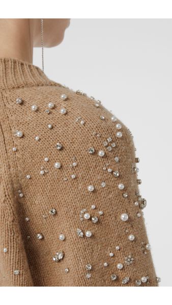 Burberry v-neck, camel coloured cardigan with individually applied faux pearls and crystals.