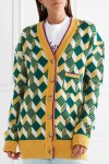 AlexaChung oversized, v-neck cardigan with all-over, geometric intarsia design in green, white, yellow and burgundy, with contrast edge in yellow and burgundy.