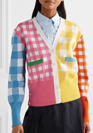 Model wearing multicoloured, gingham check, intarsia cardigan, from Tom Browne Summer 2019.