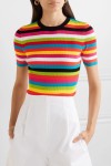 Woman wearing multicoloured stripe, knitted top.