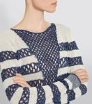 Summer, cotton blend sweater by Balmain in stone colour with contrasting, navy panels and stripes of openwork eyelet lace in a metallic, sequin yarn.