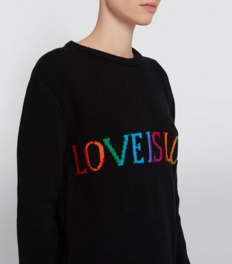 Model wearing knitted wool cashmere sweater in black, with contrast, multicoloured slogan formed in intarsia across the chest, which says ‘Love is love’.