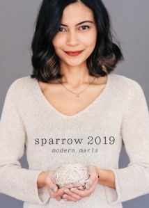 A cover of a collection of knitting patterns for Quince & Co. featuring a woman in a v-neck, cream, linen sweater who is holding a ball of cream linen yarn in her hands